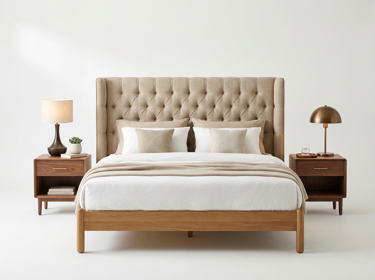 Cama King Capitoné con mesas de noche en madera - Muebles Amarillos Bogotá